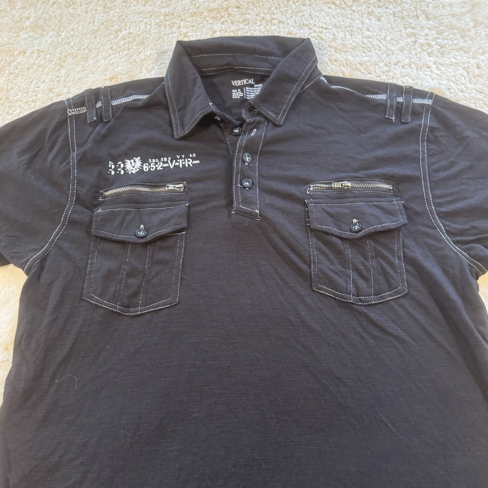 Y2K Vertical Sport Utility Polo Shirt XL Black Zip Pocket Grunge Goth